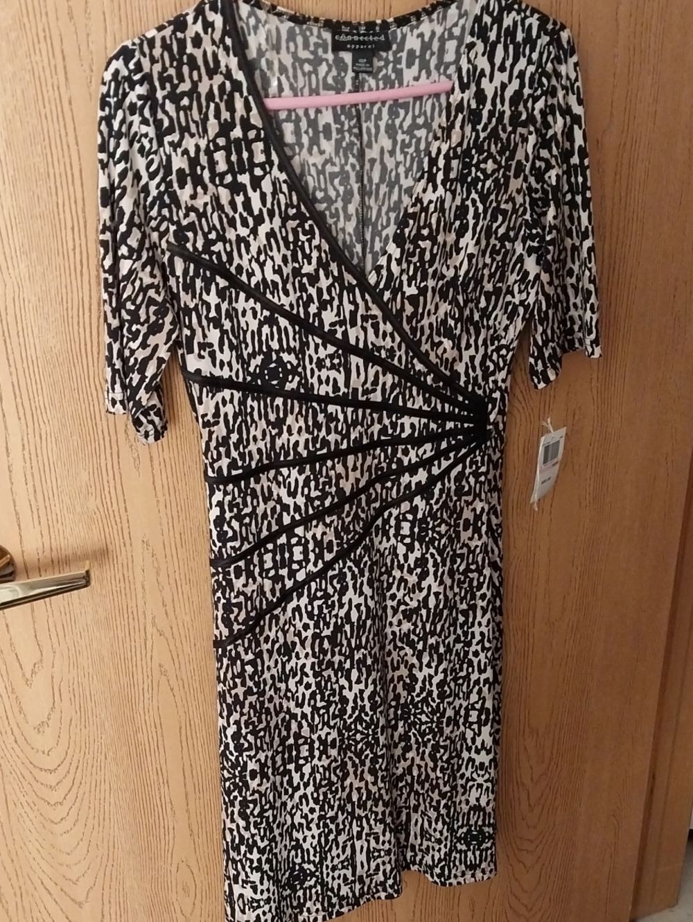 Calvin Klein Black and White Patterned Faux-Wrap Midi Dress